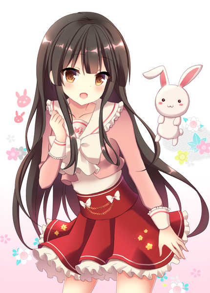 Anime picture 744x1039 with touhou houraisan kaguya mayo (miyusa) single long hair tall image blush fringe open mouth black hair simple background white background brown eyes looking away :d adapted costume girl toy stuffed animal stuffed toy