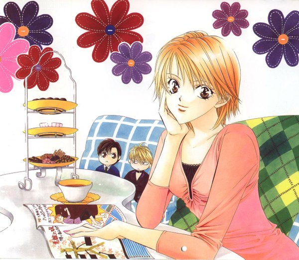 Anime picture 1300x1134 with skip beat! mogami kyoko tsuruga ren fuwa shoutarou short hair simple background blonde hair brown hair white background brown eyes orange hair group plaid girl boy flower (flowers) food sweets table suit