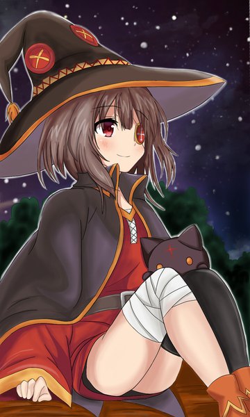 Anime picture 1080x1800 with kono subarashii sekai ni shukufuku wo! studio deen megumin chomusuke szy529 single tall image blush fringe short hair light erotic smile hair between eyes red eyes brown hair sitting looking away bent knee (knees) outdoors long sleeves