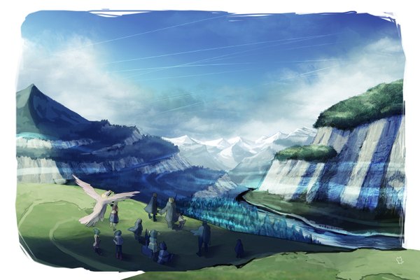 Anime picture 1500x1000 with original pixiv fantasia pixiv fantasia iii emomin sky from behind group mountain landscape framed rock animal tree (trees) bird (birds) forest