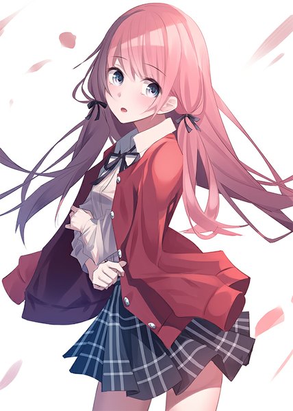 Anime-Bild 642x900 mit original yasuno (airy light) single long hair tall image blush fringe open mouth blue eyes simple background standing white background twintails looking away pink hair pleated skirt plaid skirt girl skirt uniform