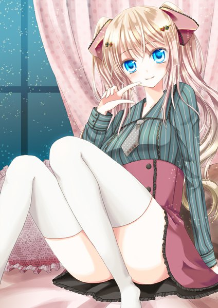 Anime picture 707x1000 with original hiroharu single long hair tall image blush blue eyes light erotic blonde hair twintails girl thighhighs dress bow hair bow white thighhighs