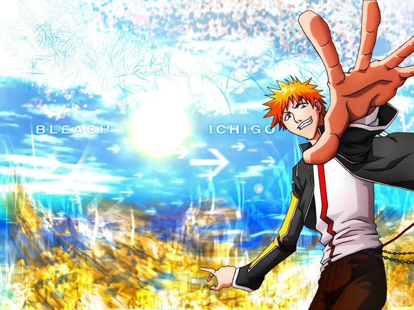 Anime picture 1024x768 with bleach studio pierrot kurosaki ichigo single looking at viewer short hair smile orange hair open jacket copyright name character names grin outstretched arm third-party edit spiked hair boy jacket pants