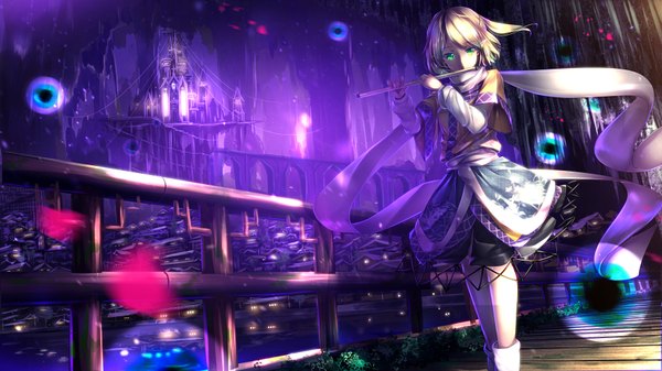 Anime picture 1778x1000 with touhou mizuhashi parsee ryosios single looking at viewer highres short hair blonde hair wide image green eyes ponytail pointy ears blurry side ponytail half updo scenic playing instrument girl dress scarf