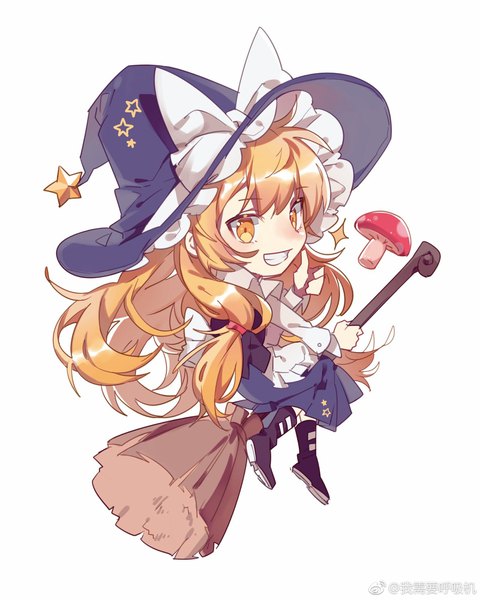 Anime picture 1600x2000 with touhou kirisame marisa aibivy single long hair tall image simple background blonde hair smile white background yellow eyes full body flying chibi witch broom riding girl hat witch hat broom