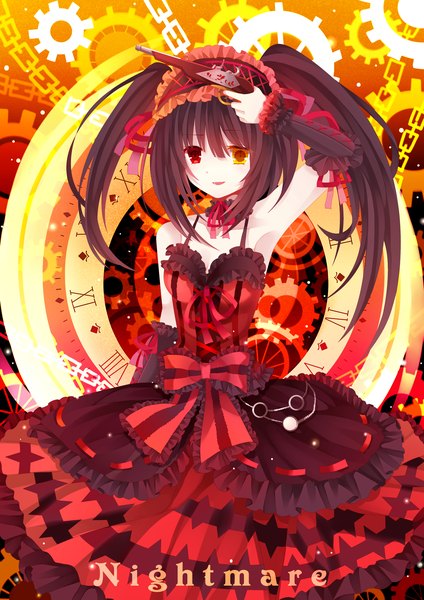 Anime picture 2480x3507 with date a live tokisaki kurumi moseley single long hair tall image looking at viewer highres open mouth black hair smile twintails heterochromia uneven twintails girl dress bow weapon detached sleeves frills