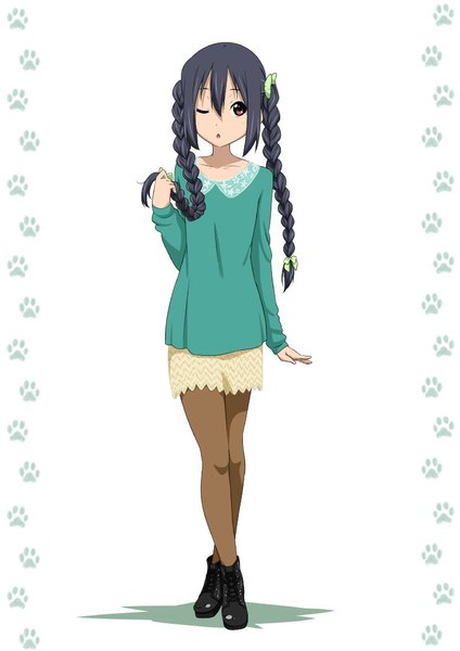 Anime picture 742x1050 with k-on! kyoto animation nakano azusa oku no shi single long hair tall image black hair simple background white background twintails brown eyes braid (braids) one eye closed wink girl dress pantyhose shoes