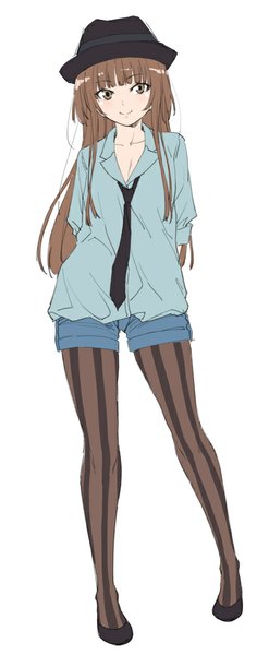 Anime picture 412x1000 with amagami kamizaki risa shouji nigou single long hair tall image looking at viewer fringe simple background smile brown hair white background brown eyes hands behind back open collar casual girl hat shirt pantyhose