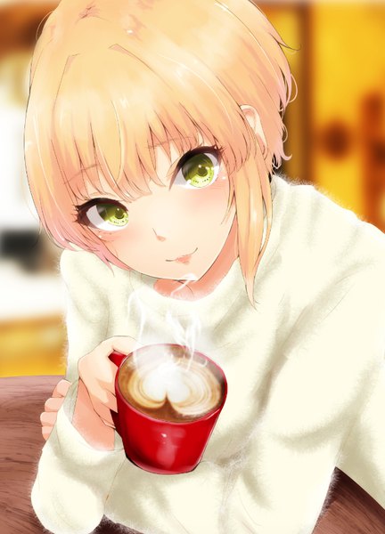 Anime picture 630x874 with idolmaster idolmaster cinderella girls miyamoto frederica ryuu. single tall image looking at viewer blush fringe short hair blonde hair holding green eyes payot upper body head tilt light smile arm support steam girl