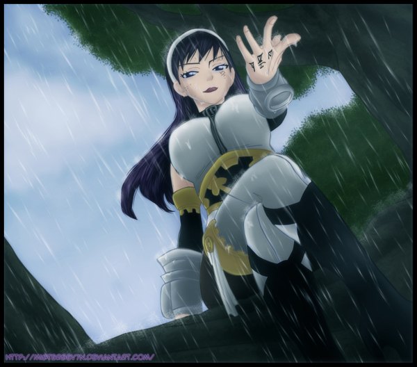 Anime picture 1451x1279 with fairy tail ultear milkovich mistersev7n single long hair smile sitting sky purple hair cloud (clouds) lips black eyes tattoo coloring rain girl plant (plants) tree (trees) branch