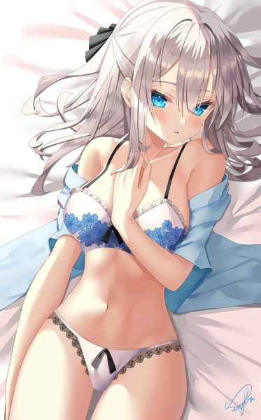 Anime picture 2542x4093 with original sinobi illust single long hair tall image looking at viewer blush fringe highres breasts open mouth blue eyes light erotic hair between eyes signed payot silver hair lying from above off shoulder