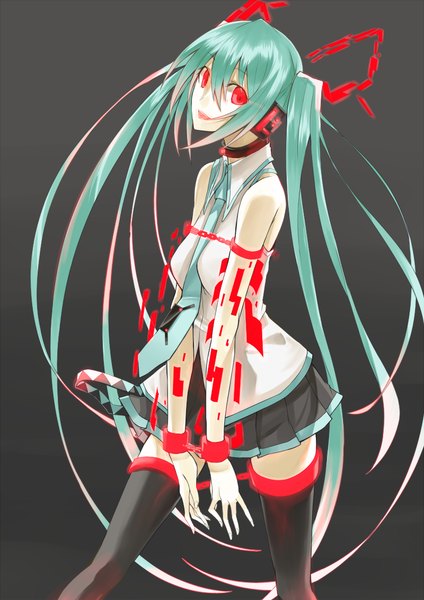 イラスト 800x1131 と ボーカロイド 初音ミク kauto ソロ 長髪 長身像 カメラ目線 赤面 開いた口 simple background 笑顔 赤い目 ツインテール 肩出し aqua hair grey background 絶対領域 between breasts 女の子 ストッキング