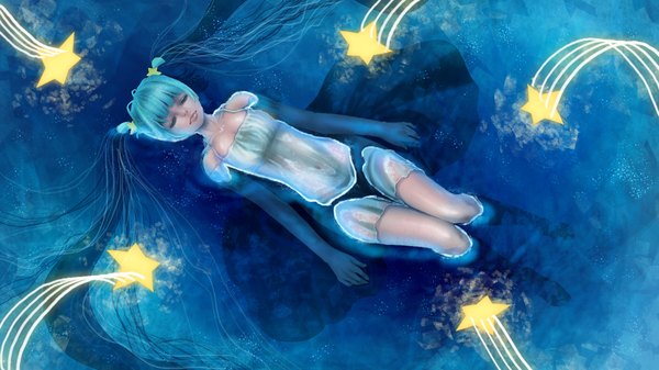 Anime picture 1920x1080 with vocaloid hatsune miku kayei nou single long hair highres wide image twintails lying eyes closed aqua hair sleeping girl navel hair ornament water star (symbol) star hair ornament