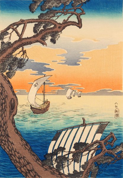 Anime picture 1420x2048 with original takahashi shoutei tall image signed sky cloud (clouds) horizon no people morning sunrise plant (plants) tree (trees) sea watercraft boat