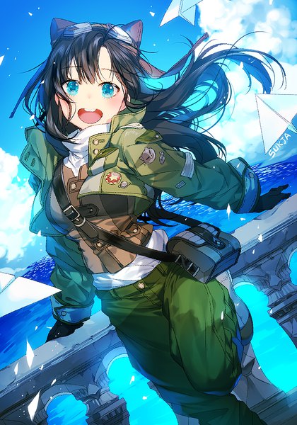 Anime picture 700x1000 with original sorolp single long hair tall image looking at viewer blush fringe open mouth black hair smile standing signed sky cloud (clouds) head tilt :d aqua eyes wind dutch angle