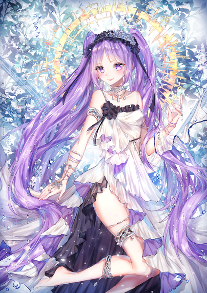 Anime picture 2480x3508 with fate (series) fate/hollow ataraxia euryale (fate) kity1211 tetsu single tall image looking at viewer blush fringe highres light erotic smile purple eyes twintails bare shoulders payot purple hair bent knee (knees) very long hair barefoot