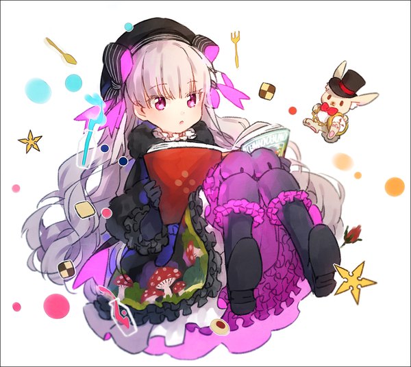 Anime picture 1000x894 with fate (series) alice in wonderland fate/extra nursery rhyme (fate/extra) hakusai (tiahszld) single long hair fringe open mouth simple background white background purple eyes holding looking away silver hair full body blunt bangs blurry :o soles