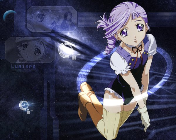 Anime picture 1280x1024 with kiddy grade gonzo lumiere looking at viewer purple eyes purple hair hands clasped girl thighhighs dress gloves choker boots