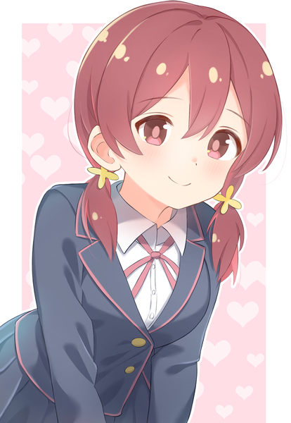 Anime picture 1163x1684 with onii-chan wa oshimai! studio bind murosaki miyo shizukuma single long hair tall image fringe smile hair between eyes red eyes twintails red hair leaning leaning forward low twintails border pink background outside border girl
