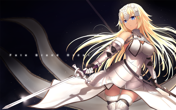 Anime picture 1800x1125 with fate (series) fate/grand order fate/apocrypha jeanne d'arc (fate) (all) jeanne d'arc (fate) bu li single long hair blush highres breasts open mouth blue eyes blonde hair large breasts bare shoulders holding looking away parted lips :o