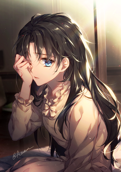 Anime picture 863x1224 with fate (series) fate/stay night toosaka rin sueun single long hair tall image looking at viewer fringe blue eyes black hair sitting signed indoors twitter username light covering eye (eyes) sleepy girl pajamas