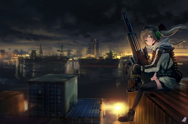 Anime picture 1200x794 with original you shimizu single long hair looking at viewer sitting twintails green eyes signed cloud (clouds) wind grey hair night zettai ryouiki night sky city cityscape leg lift (legs lift) lacing city lights