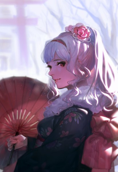Anime-Bild 790x1150 mit idolmaster shijou takane ekao single long hair tall image smile standing holding brown eyes looking away silver hair traditional clothes japanese clothes hair flower lips alternate costume glowing wavy hair alternate hairstyle