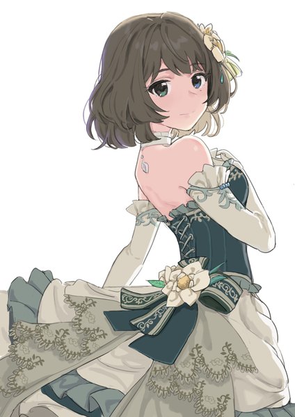 Anime picture 2480x3508 with idolmaster idolmaster cinderella girls takagaki kaede ezusa single tall image looking at viewer fringe highres short hair blue eyes simple background smile brown hair white background bare shoulders green eyes looking back hair flower mole