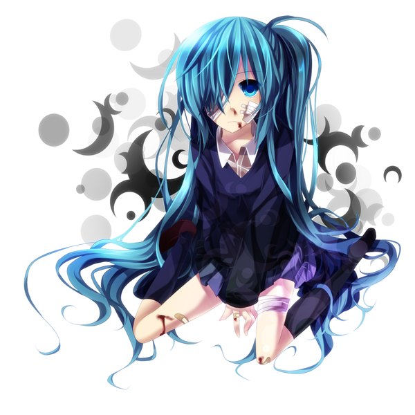 Anime picture 1000x1000 with vocaloid rolling girl (vocaloid) hatsune miku akizuki mizuho (artist) single long hair looking at viewer simple background white background twintails blue hair bandage over one eye girl skirt miniskirt socks black socks blood sweater bandage (bandages)