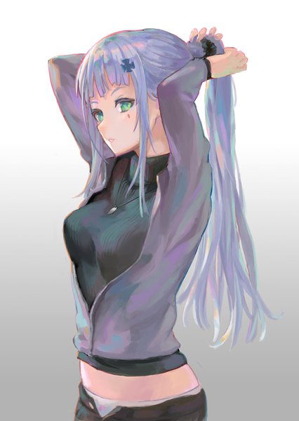 Anime picture 600x844 with girls frontline hk416 (girls frontline) denki single long hair tall image looking at viewer blush fringe light erotic simple background standing green eyes payot blue hair ponytail blunt bangs parted lips grey hair open clothes