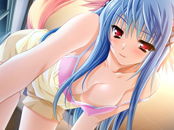 Anime picture 1024x768 with nursery rhyme shikishima krile light erotic red eyes blue hair game cg