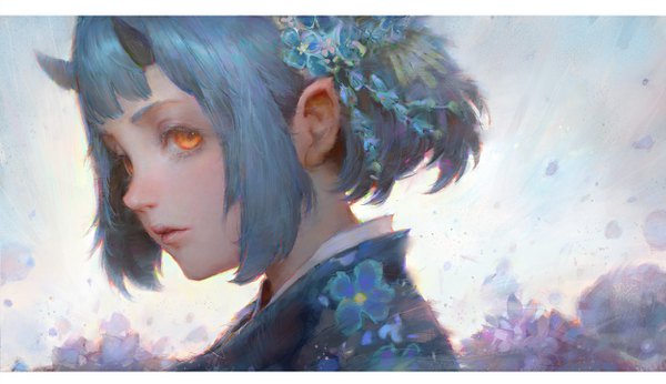 Anime picture 1250x722 with original krenz single looking at viewer fringe short hair wide image payot blue hair blunt bangs traditional clothes parted lips japanese clothes hair flower horn (horns) lips pointy ears orange eyes floral print portrait