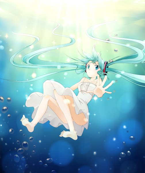 Anime picture 1050x1250 with vocaloid hatsune miku haruki (colorful macaron) haruki 5050 single long hair tall image twintails barefoot aqua eyes aqua hair outstretched arm underwater girl sundress bubble (bubbles)