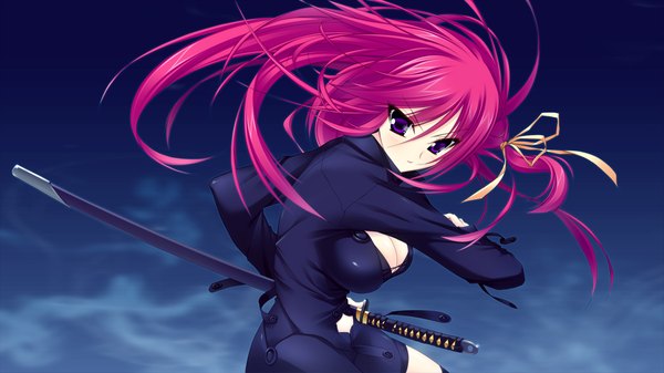 Anime picture 1280x720 with strawberry feels long hair breasts light erotic wide image large breasts purple eyes game cg red hair girl weapon sword katana suit