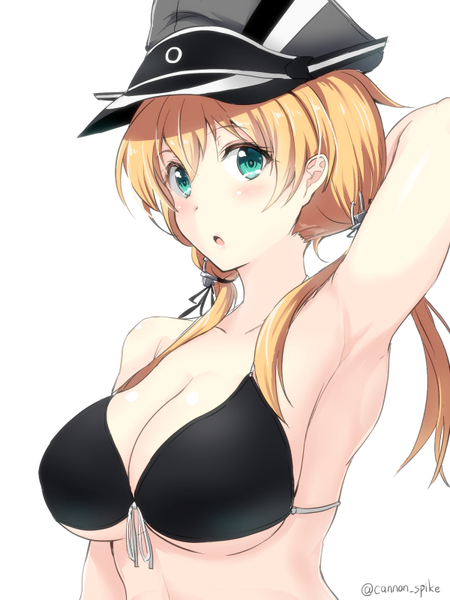Anime picture 600x800 with kantai collection prinz eugen (kantai collection) gin'ichi (akacia) single long hair tall image looking at viewer blush fringe breasts light erotic simple background blonde hair large breasts white background twintails green eyes signed upper body :o