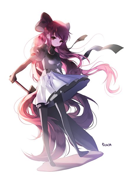 Anime picture 700x1000 with original sorolp single tall image looking at viewer simple background standing white background brown eyes signed pink hair very long hair wind sunlight girl dress bow ribbon (ribbons) weapon hair bow