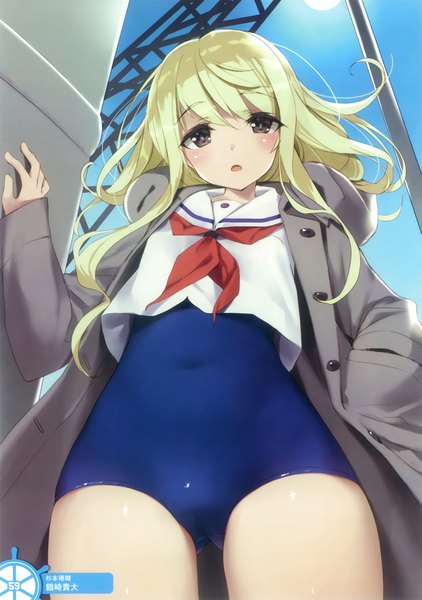 Anime picture 2701x3840 with high school fleet tsurusaki takahiro single long hair tall image looking at viewer blush highres open mouth light erotic blonde hair black eyes scan official art girl swimsuit one-piece swimsuit sailor suit