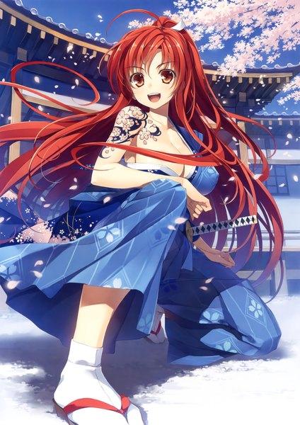 Anime picture 2893x4094 with original yuuki hagure single long hair tall image looking at viewer highres breasts open mouth light erotic red eyes red hair japanese clothes scan tattoo cherry blossoms girl weapon petals sword