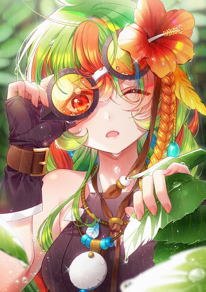 Anime picture 1500x2121 with original unjem single long hair tall image looking at viewer fringe open mouth hair between eyes bare shoulders holding ahoge upper body outdoors braid (braids) one eye closed multicolored hair hair flower fingernails green hair