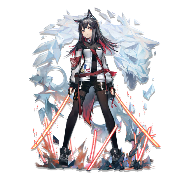 Anime picture 1024x1024 with arknights texas (arknights) huanxiang heitu single long hair looking at viewer fringe black hair hair between eyes red eyes standing holding animal ears full body tail animal tail multicolored hair official art transparent background colored inner hair
