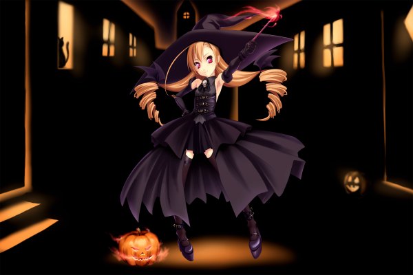 Anime picture 2400x1600 with highres blonde hair red eyes night loli magic witch curly hair girl dress gloves elbow gloves cat witch hat vegetables pumpkin