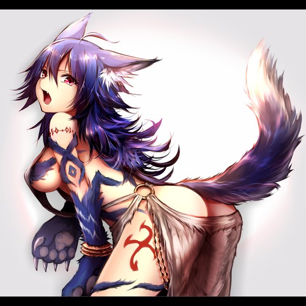 Anime picture 2000x2000 with shingeki no bahamut granblue fantasy fenrir (shingeki no bahamut) suke single long hair highres breasts open mouth light erotic simple background large breasts bare shoulders animal ears purple hair ass tail animal tail pink eyes looking back