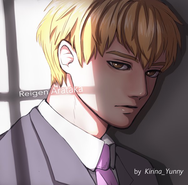 Anime picture 2382x2351 with mob psycho 100 studio bones reigen arataka rannyunny single looking at viewer fringe highres short hair blonde hair simple background hair between eyes brown eyes signed upper body sunlight character names portrait shaded face boy