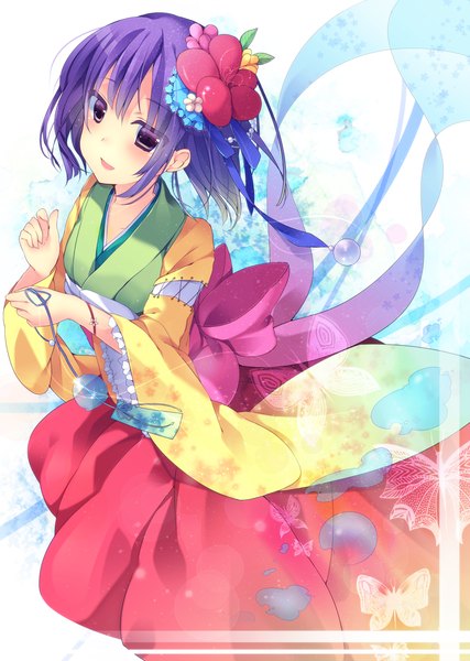 Anime picture 910x1280 with touhou hieda no akyuu kisaragi kiriha single tall image blush short hair brown eyes blue hair hair flower girl dress hair ornament flower (flowers) bow insect butterfly