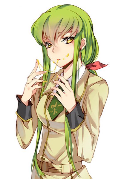 Anime picture 520x810 with code geass sunrise (studio) c.c. meimi k single long hair tall image fringe breasts simple background white background yellow eyes payot looking away upper body long sleeves parted lips green hair low ponytail girl