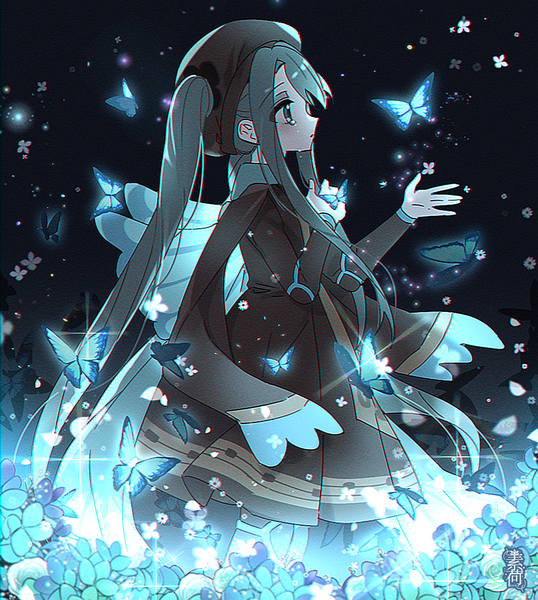 Anime picture 1000x1115 with vocaloid project voltage hatsune miku bug miku (project voltage) soha blan single tall image standing twintails looking away very long hair profile tears insect wings dark hair butterfly wings girl dress flower (flowers) wings