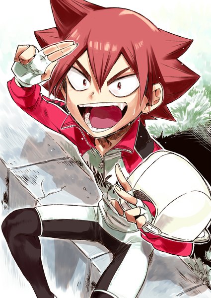 Anime picture 800x1129 with yowamushi pedal naruko shoukichi yanyo (ogino atsuki) single tall image looking at viewer fringe short hair open mouth red eyes sitting holding red hair from above teeth happy looking up boy gloves uniform