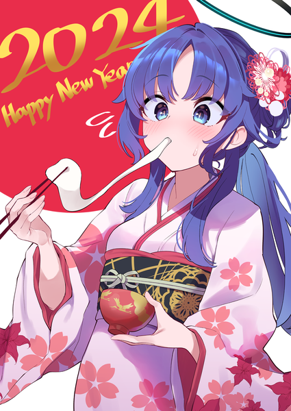 Anime picture 2508x3541 with blue archive yuuka (blue archive) sutora binsuke single long hair tall image blush highres blue eyes blue hair looking away traditional clothes japanese clothes sweatdrop eating new year happy new year flying sweatdrops 2024 girl