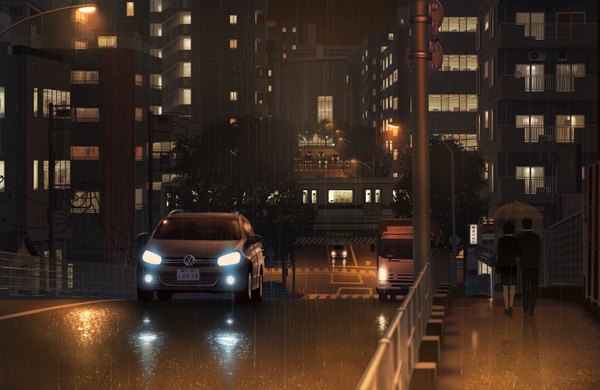 Anime picture 1538x1000 with original volkswagen doora (dora0913) night couple city rain cityscape scenic girl boy building (buildings) umbrella ground vehicle car people train truck