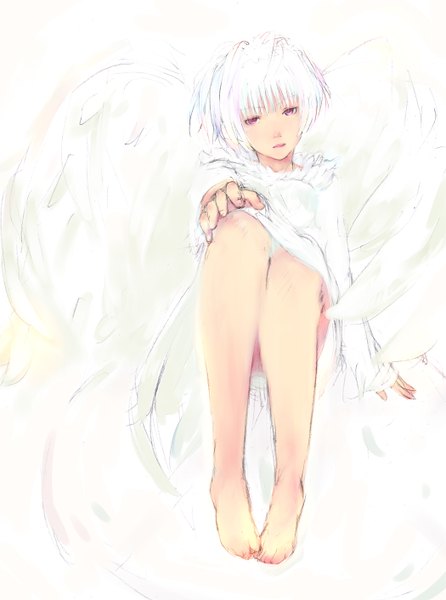 Anime picture 1050x1412 with original nimirom single tall image short hair white background sitting white hair pink eyes barefoot legs angel wings angel girl dress white dress